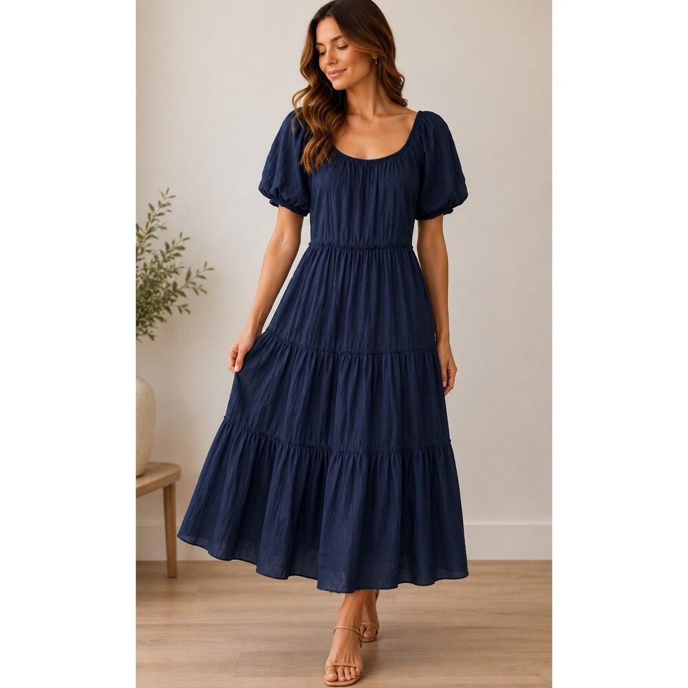 Karen Kane Navy Cotton Silk Puff Sleeve Tiered Maxi Dress Boho Cottagecore S